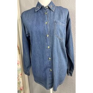 Vtg Zoey & Beth Denim Shirt Womens S Blue Embroidered Floral Top Y2K Cottagecore